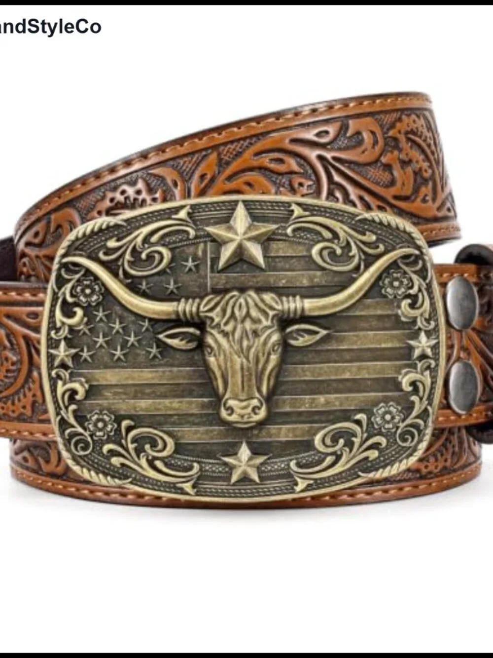 Western Cowboy Belt Embossed Leather with Longhorn Buckle Unisex